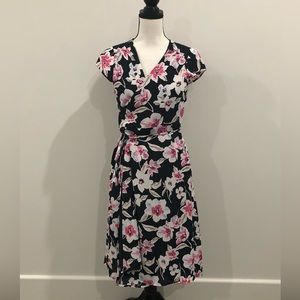Banana Republic Black Floral Wrap Dress with Pink & Cream Flowers